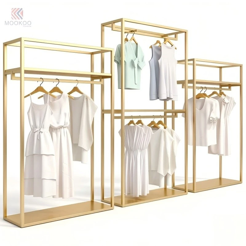 Gold Metal Clothing Display Rack Retail Garment Rack Boutique Store Fixture Island Display Shelf Varnish Modern Design Storage high quality