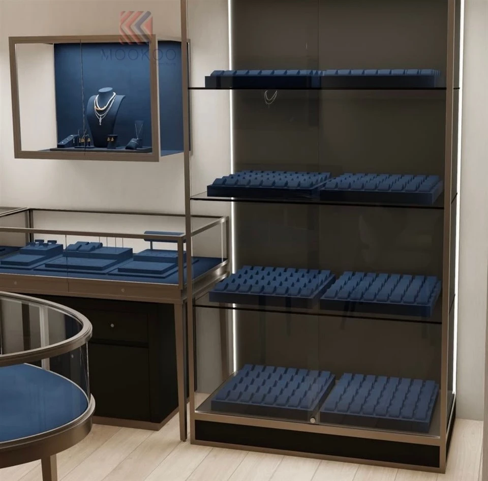 Luxury Stainless Steel Jewelry Display Cabinet With Navy Blue Velvet Lining suppliers